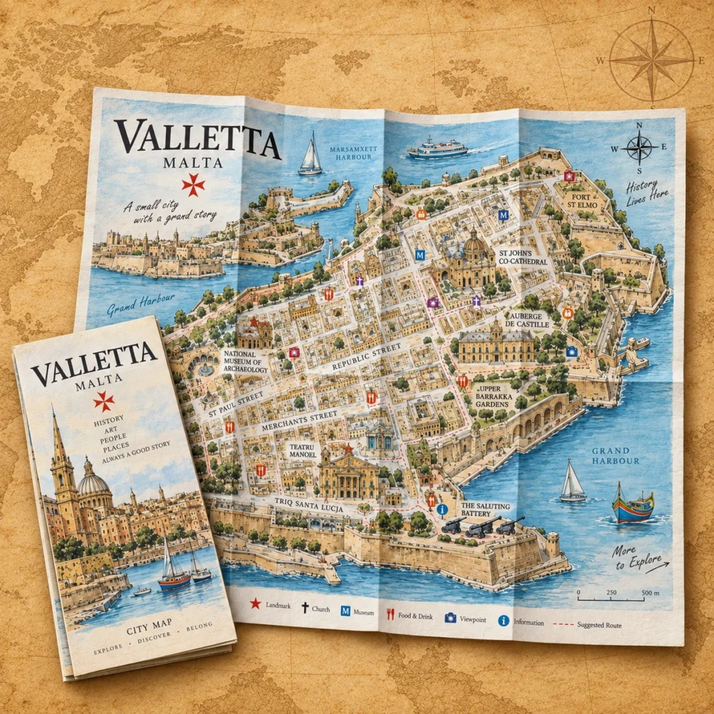Valletta illustrated map on an antique world map
