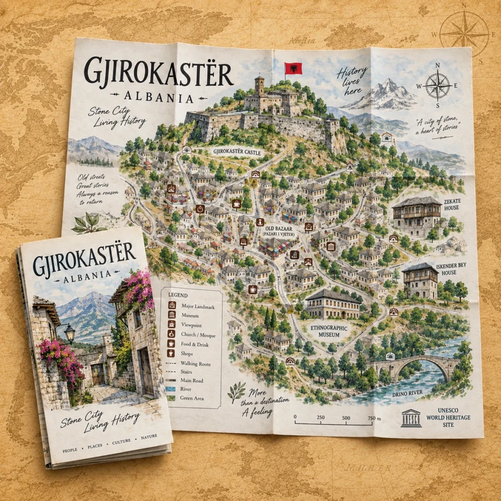 Gjirokaster illustrated map on an antique world map