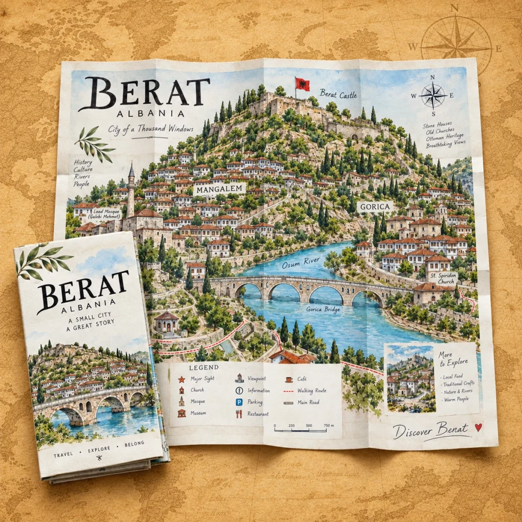 Berat illustrated map on an antique world map