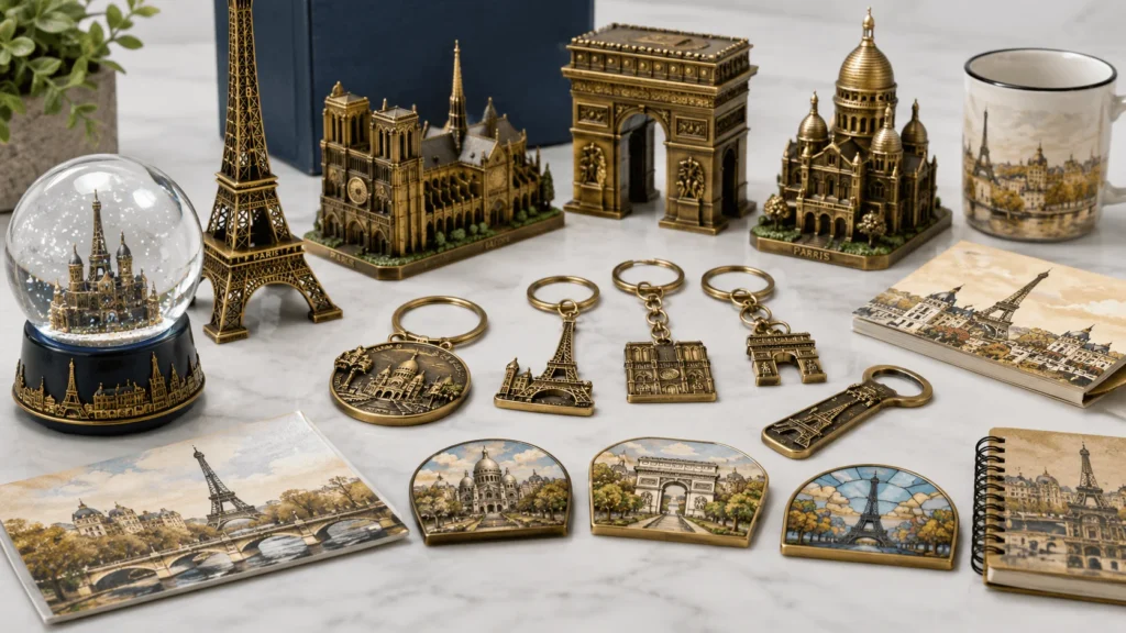 Landmark souvenir product set with snow globes magnets keychains postcards and tote bags