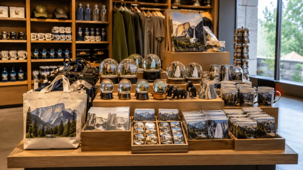 Museum gift shop souvenir display with custom products packaging and destination-themed gifts