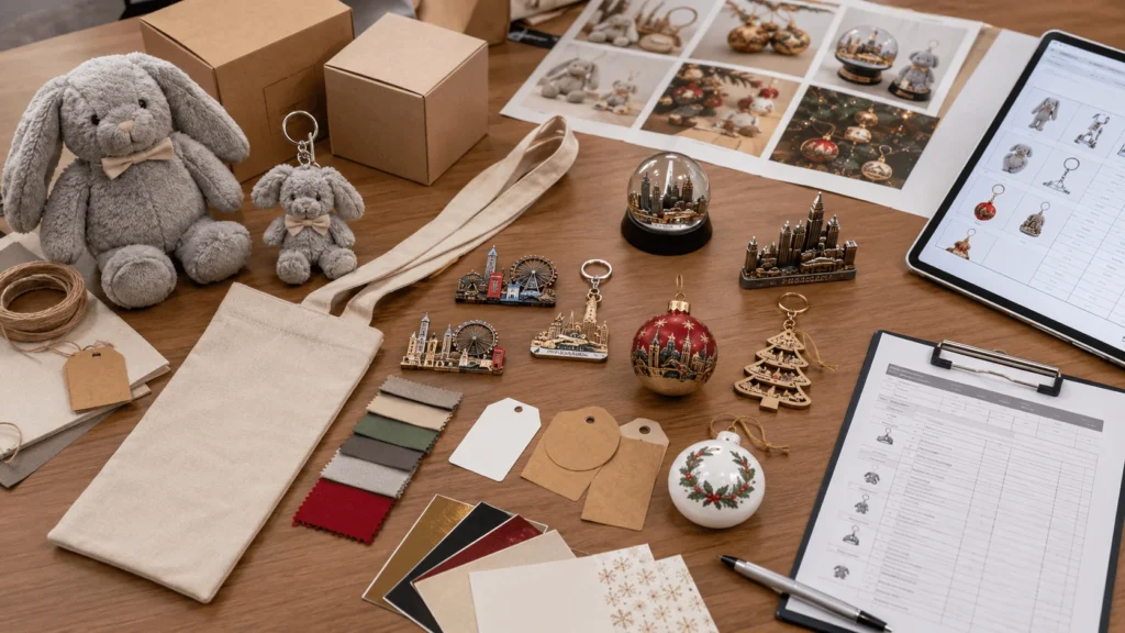 One-stop sourcing team checking plush toys souvenirs Christmas decorations and packaging before shipment