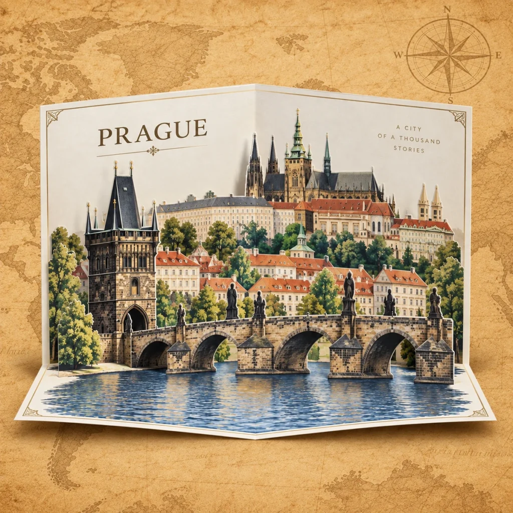 Prague 3D landmark card on an antique world map