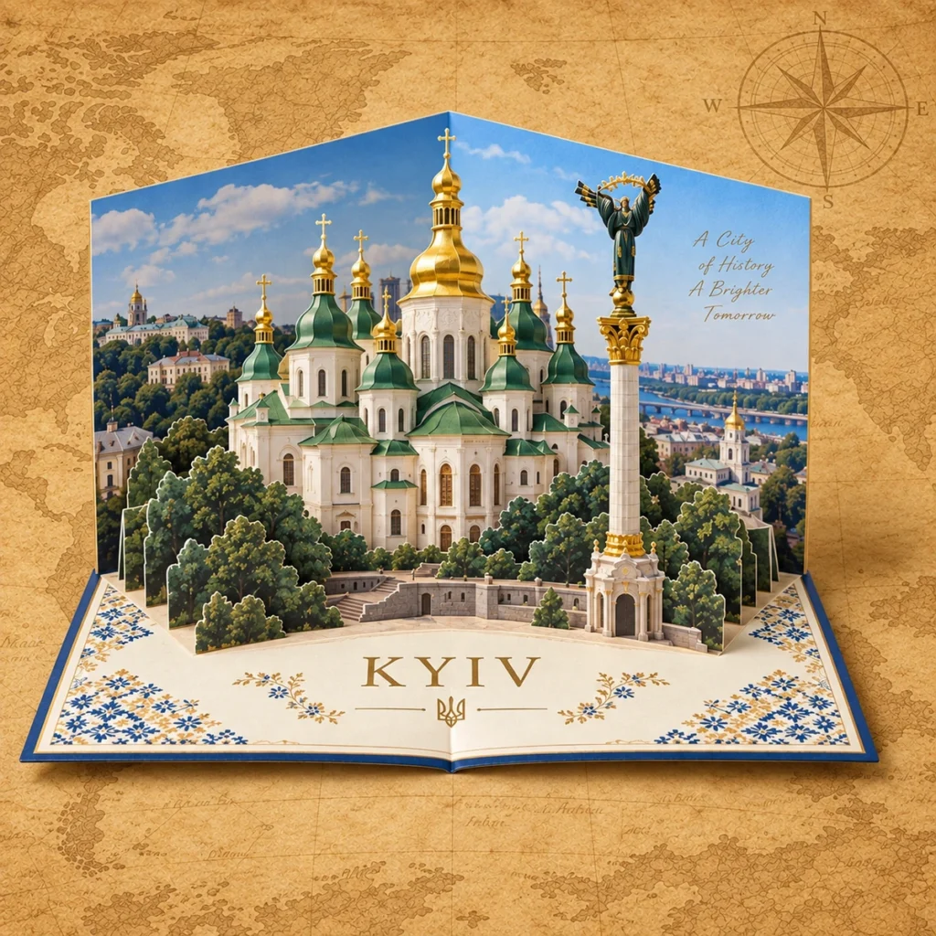 Kyiv 3D landmark card on an antique world map