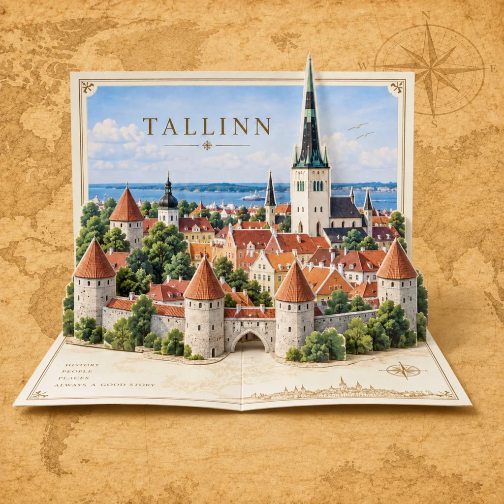 Tallinn 3D landmark card on an antique world map