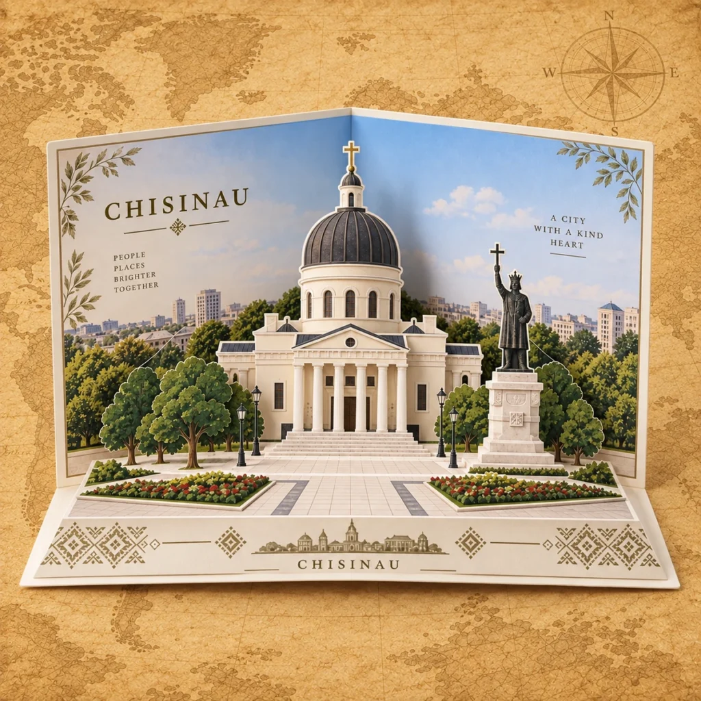 Chisinau 3D landmark card on an antique world map