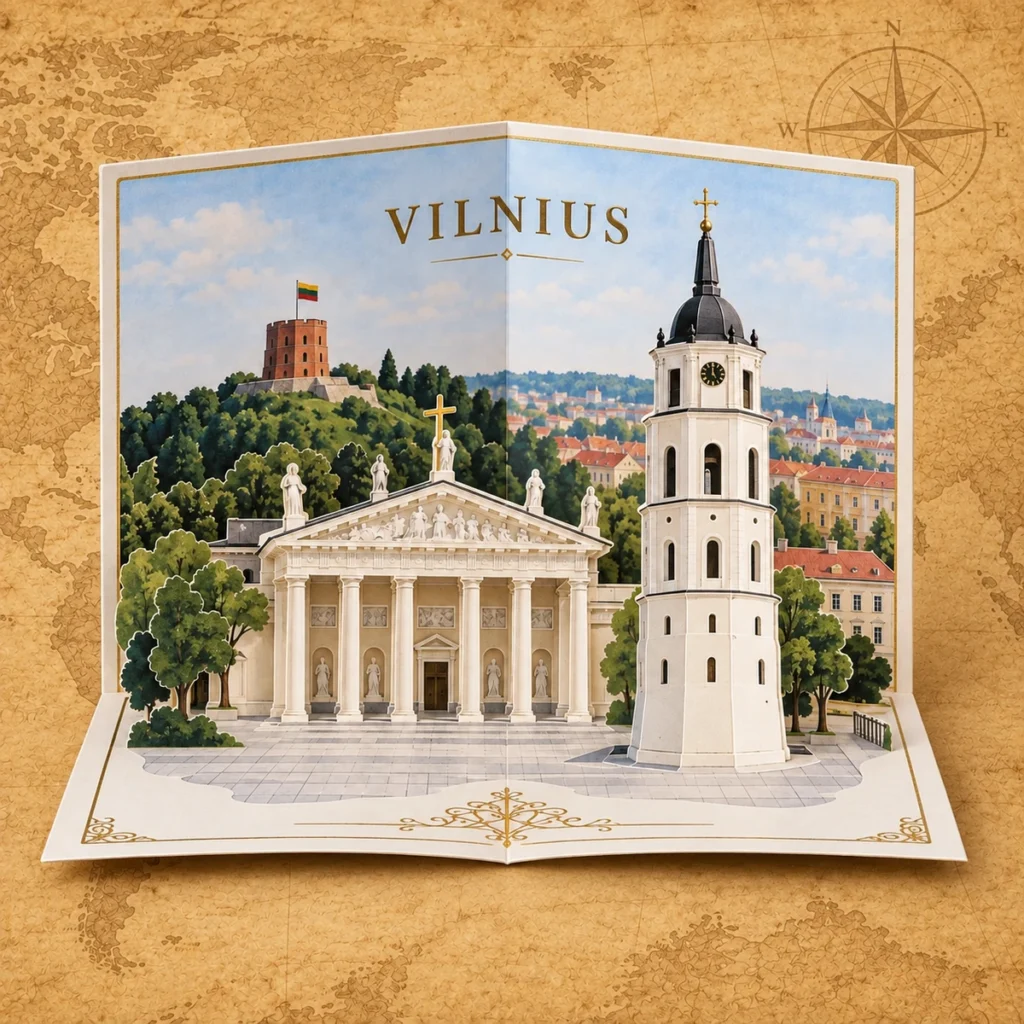 Vilnius 3D landmark card on an antique world map