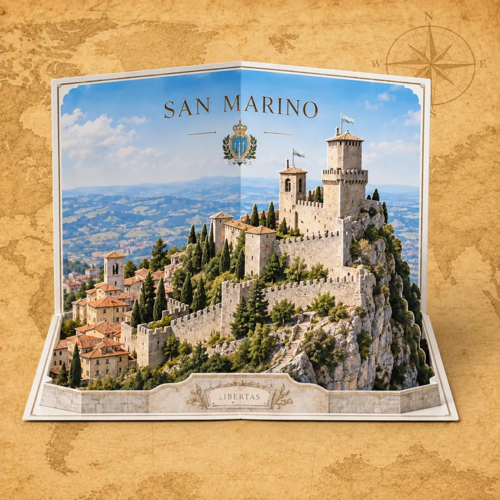 San Marino 3D landmark card on an antique world map