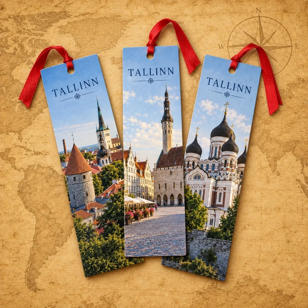 Tallinn paper bookmark on an antique world map