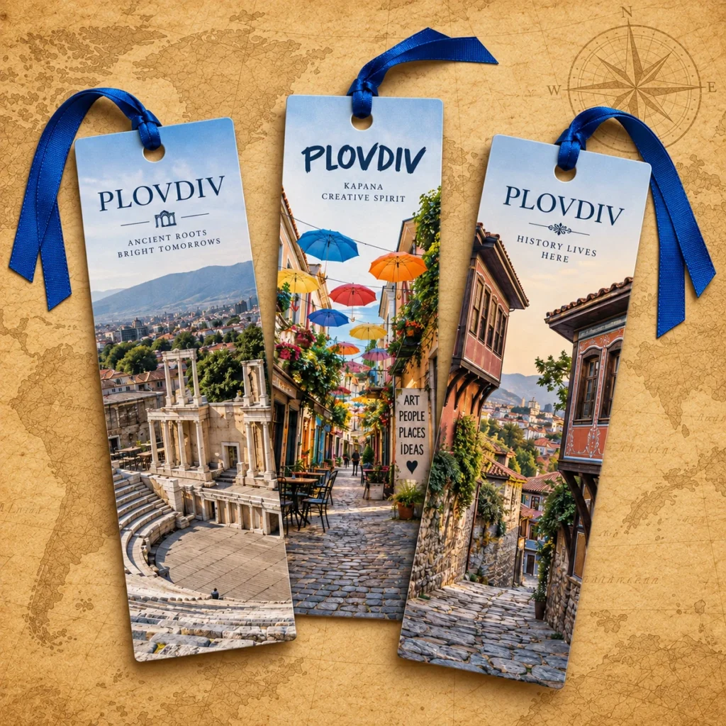 Plovdiv paper bookmark on an antique world map