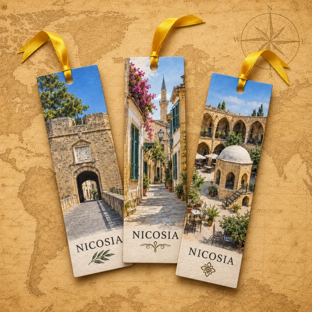 Nicosia paper bookmark on an antique world map