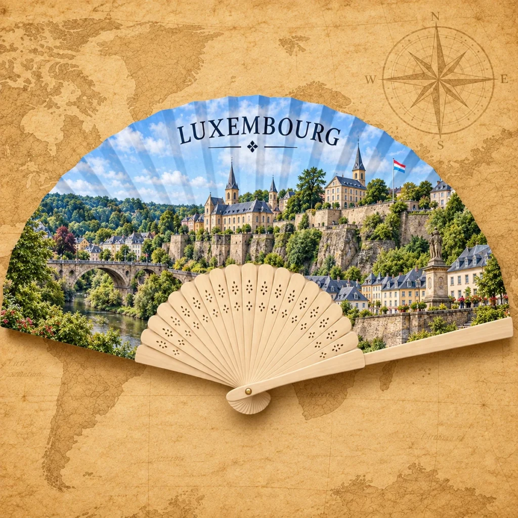 Luxembourg City folding fan on an antique world map