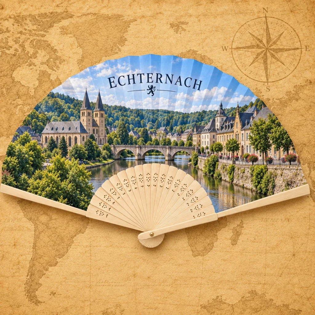 Echternach folding fan on an antique world map