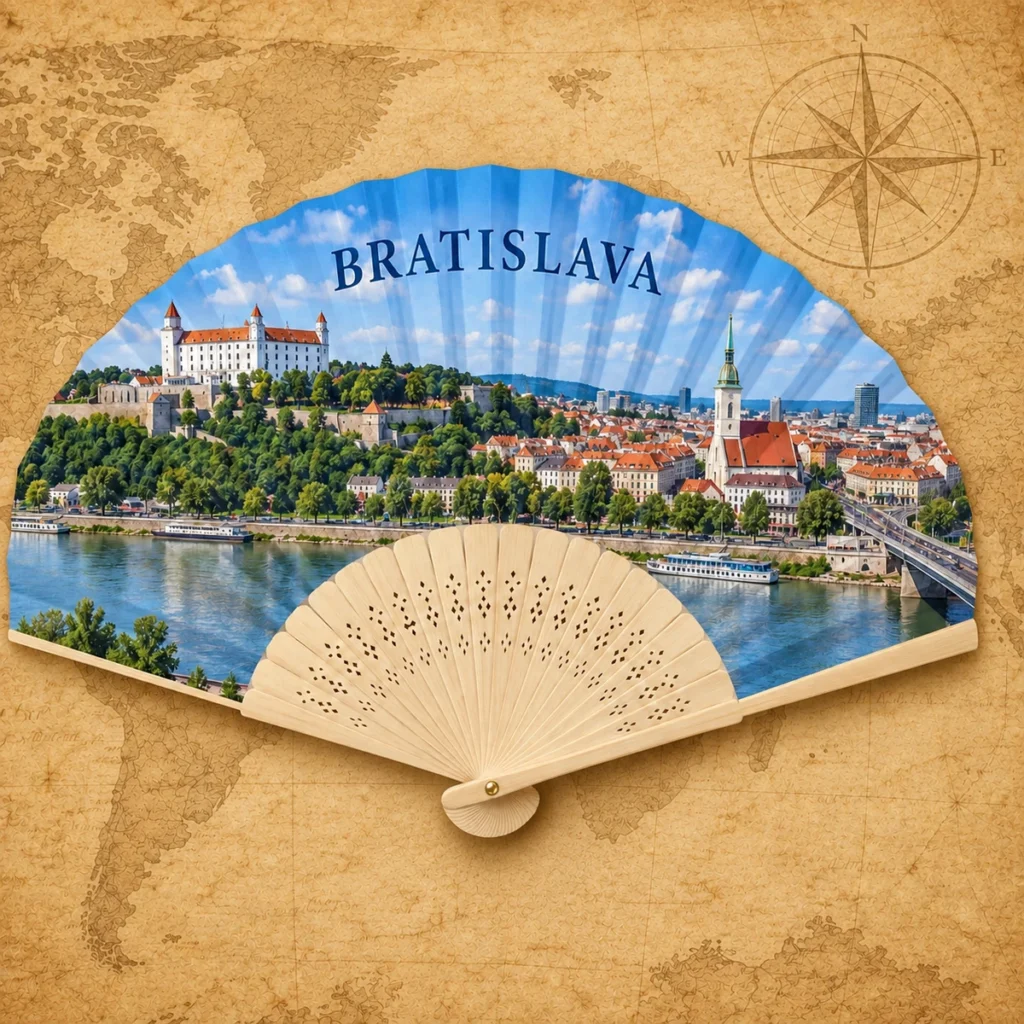 Bratislava folding fan on an antique world map