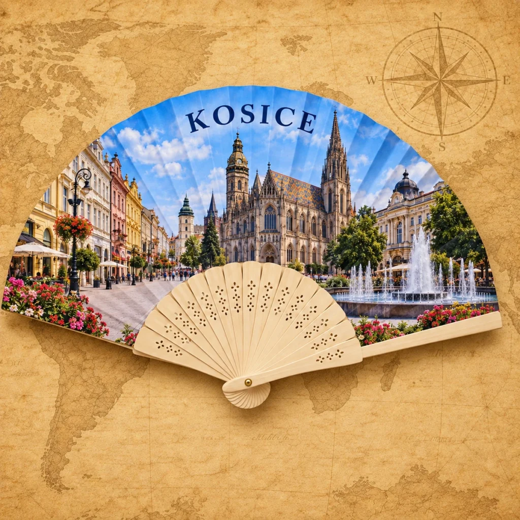 Kosice folding fan on an antique world map