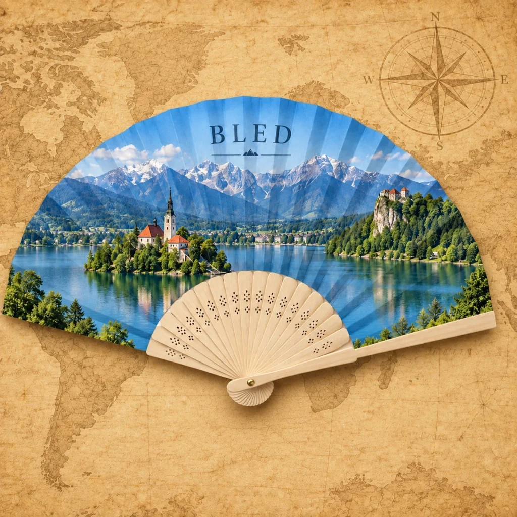 Bled folding fan on an antique world map