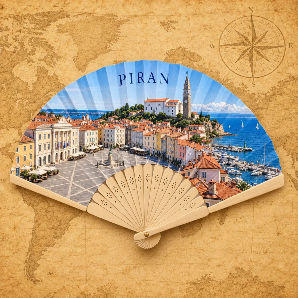 Piran folding fan on an antique world map