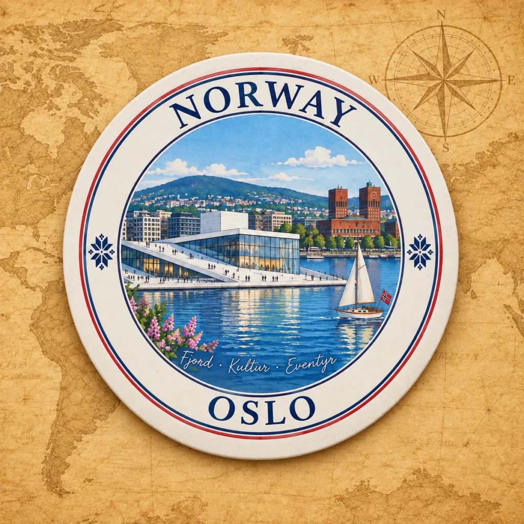 Oslo paper coaster on an antique world map