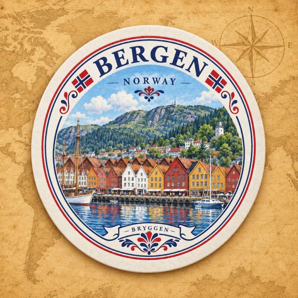 Bergen paper coaster on an antique world map