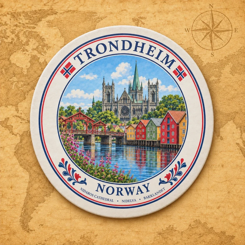 Trondheim paper coaster on an antique world map