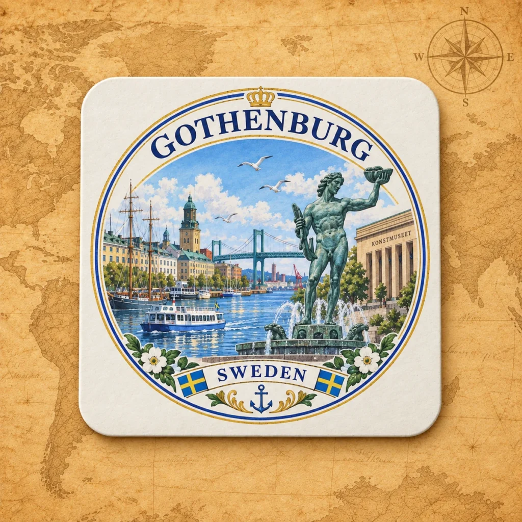Gothenburg paper coaster on an antique world map