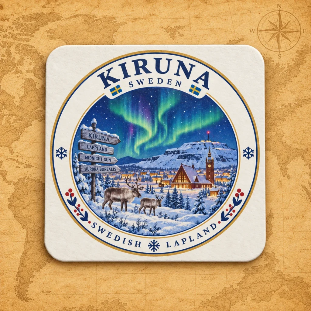 Kiruna paper coaster on an antique world map