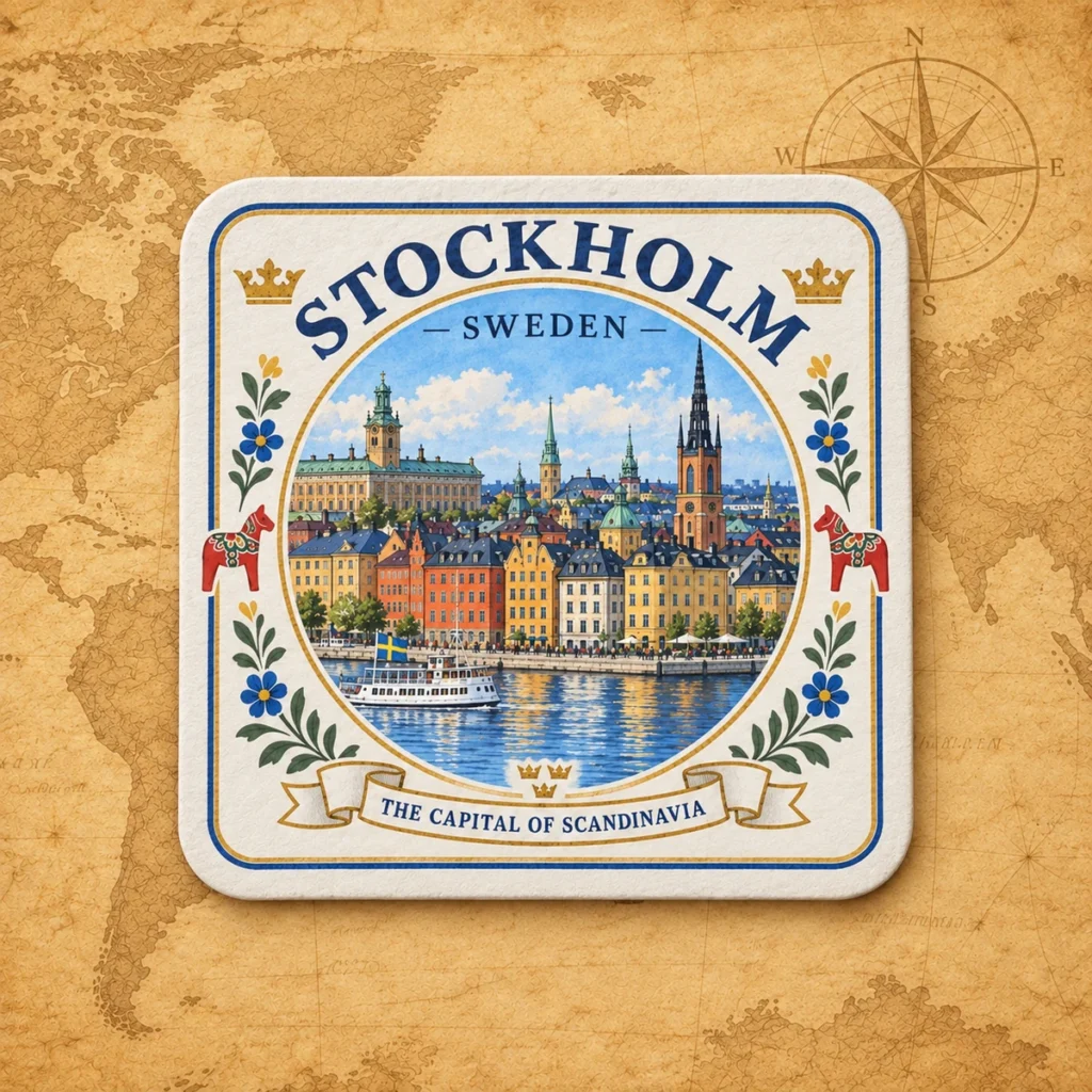 Stockholm paper coaster on an antique world map