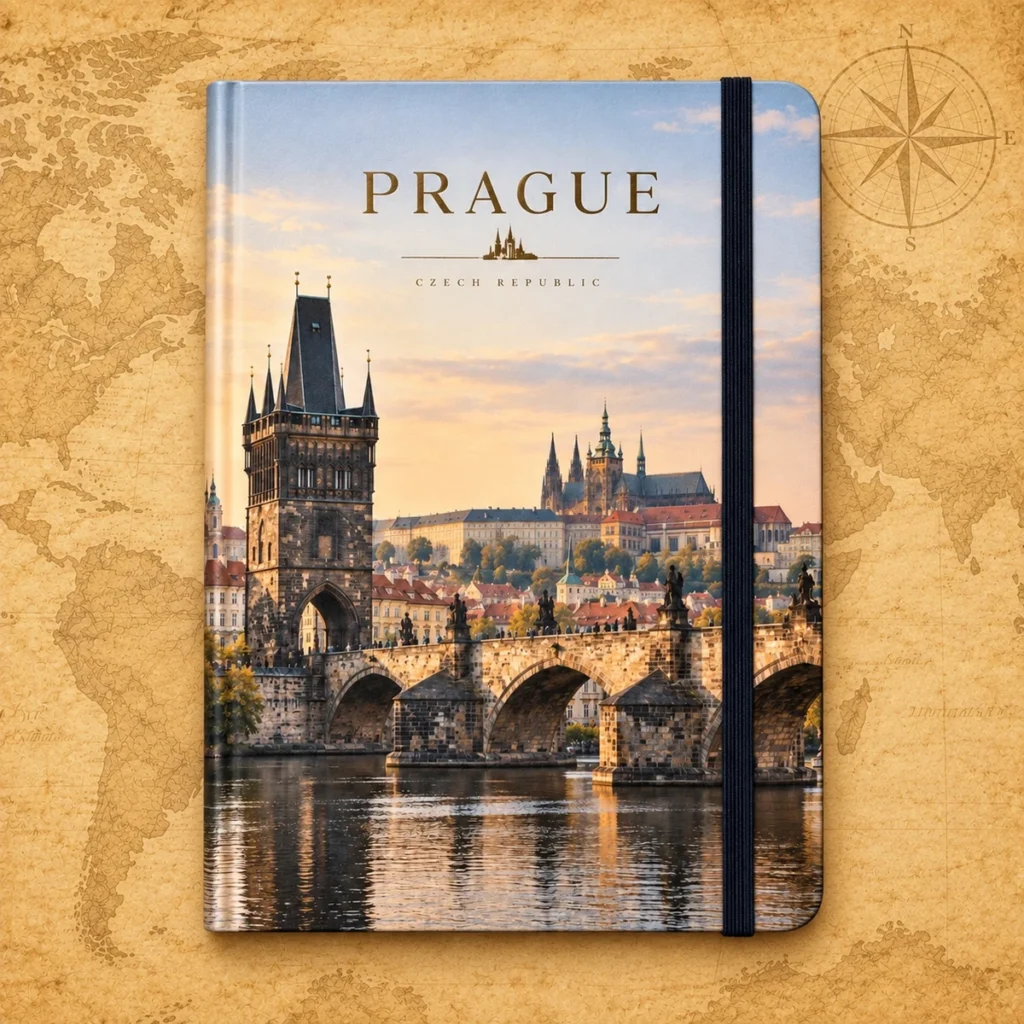Prague travel notebook on an antique world map