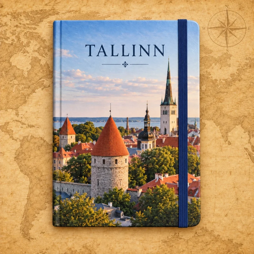 Tallinn travel notebook on an antique world map