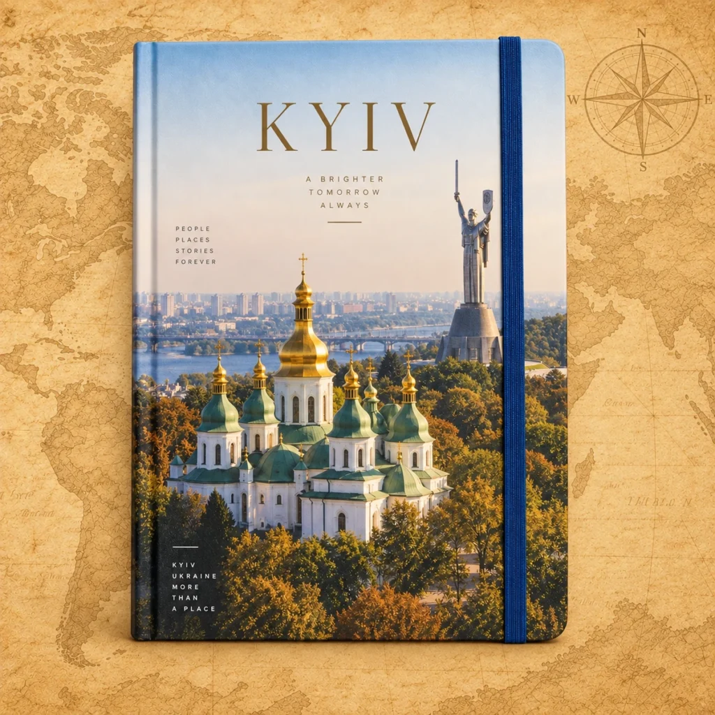 Kyiv travel notebook on an antique world map