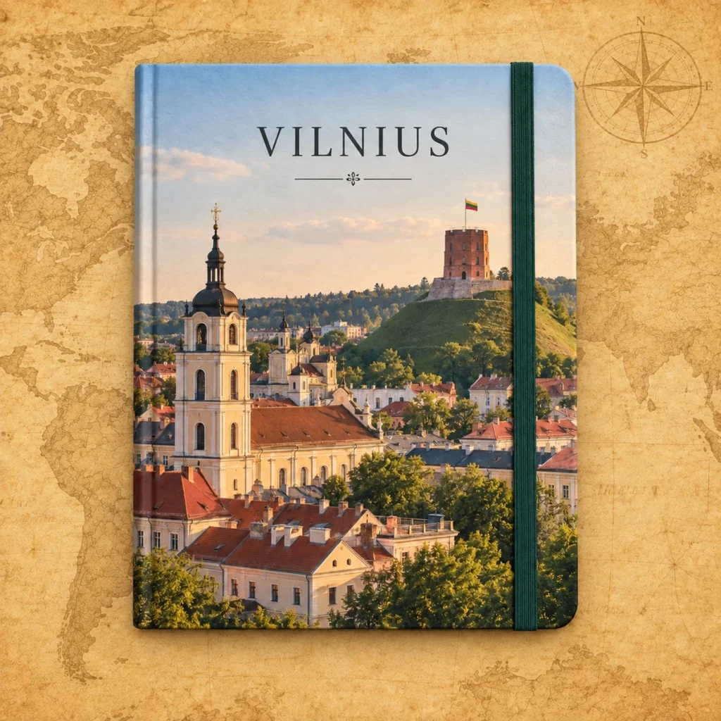 Vilnius travel notebook on an antique world map