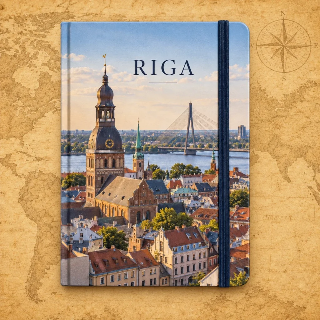 Riga travel notebook on an antique world map