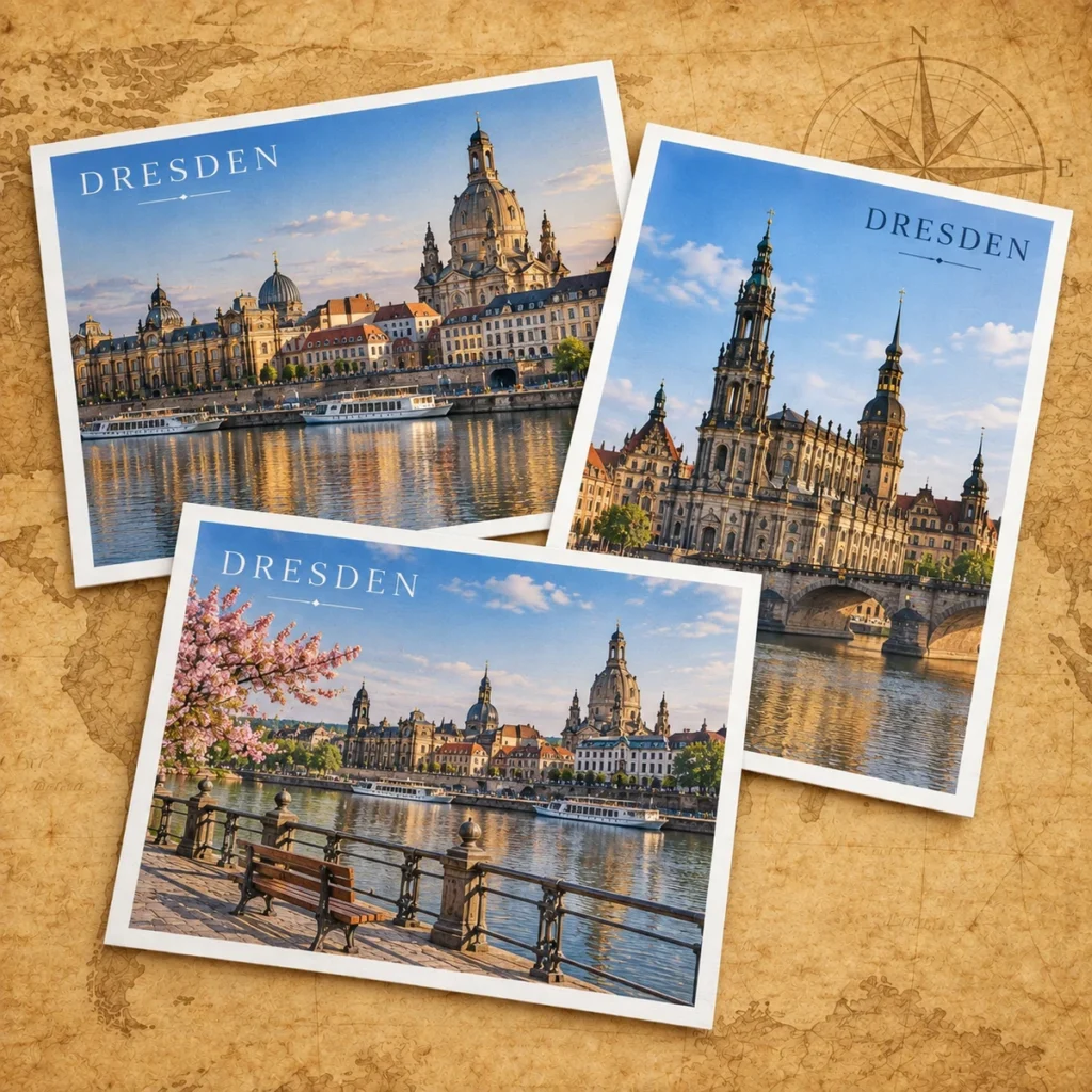 Dresden paper postcard on an antique world map