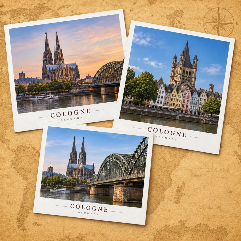 Cologne paper postcard on an antique world map