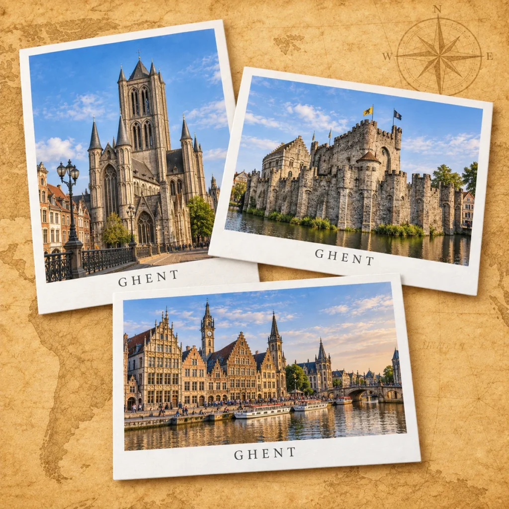 Ghent paper postcard on an antique world map