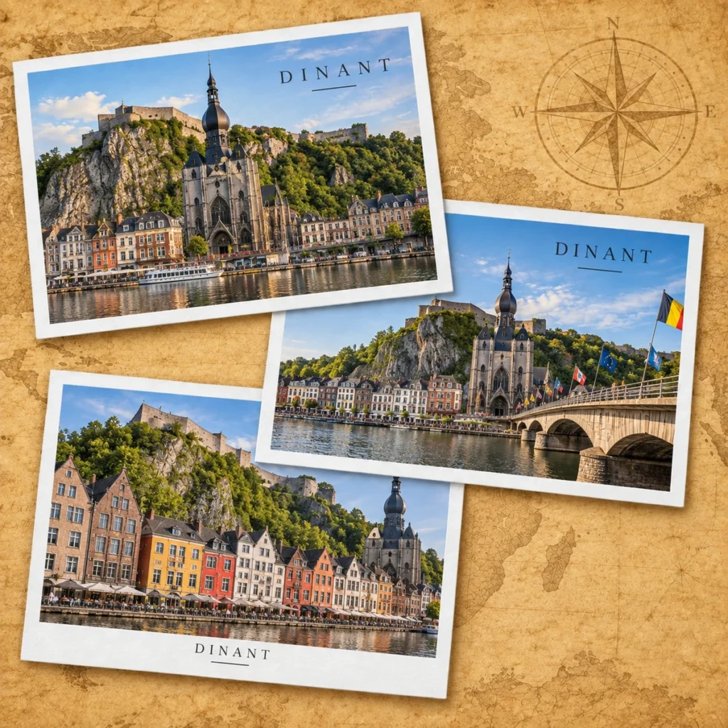 Dinant paper postcard on an antique world map
