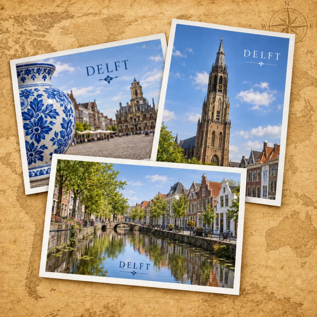 Delft paper postcard on an antique world map