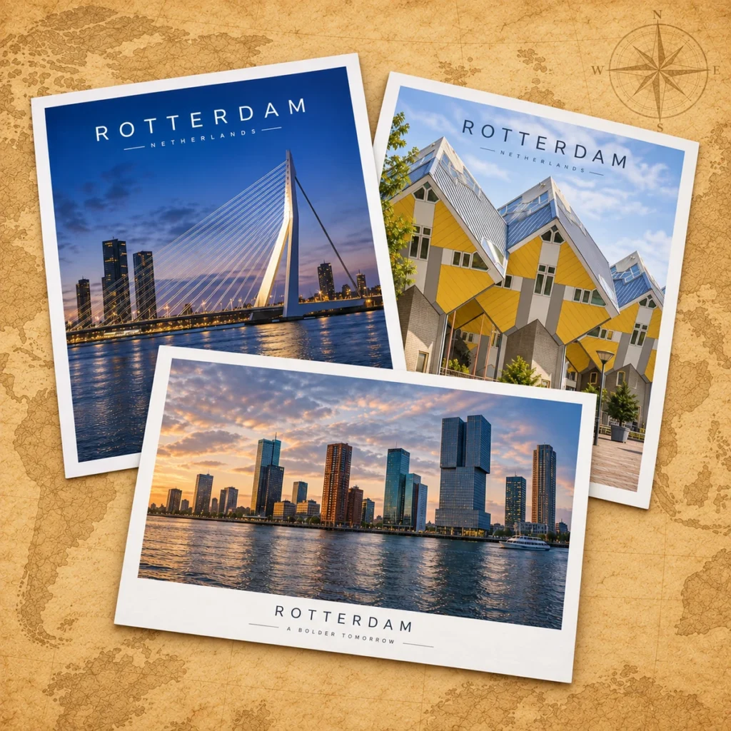 Rotterdam paper postcard on an antique world map