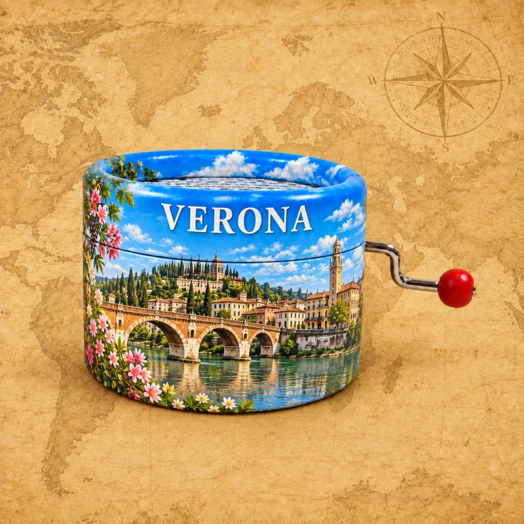 Verona paper-wrapped music box on an antique world map