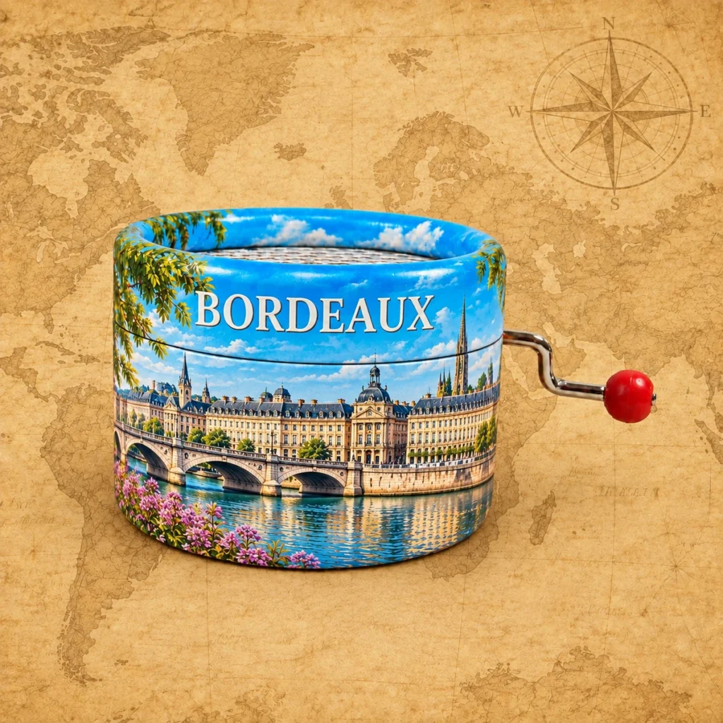 Bordeaux paper-wrapped music box on an antique world map