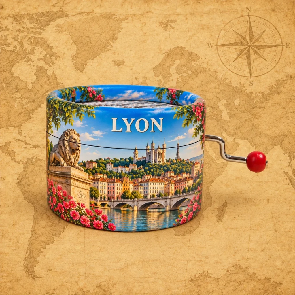 Lyon paper-wrapped music box on an antique world map