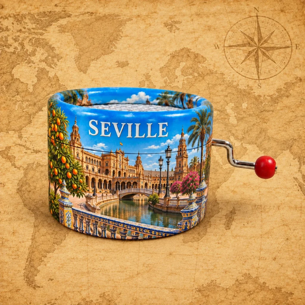 Seville paper-wrapped music box on an antique world map