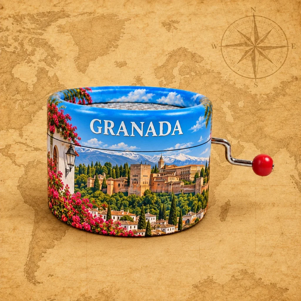 Granada paper-wrapped music box on an antique world map
