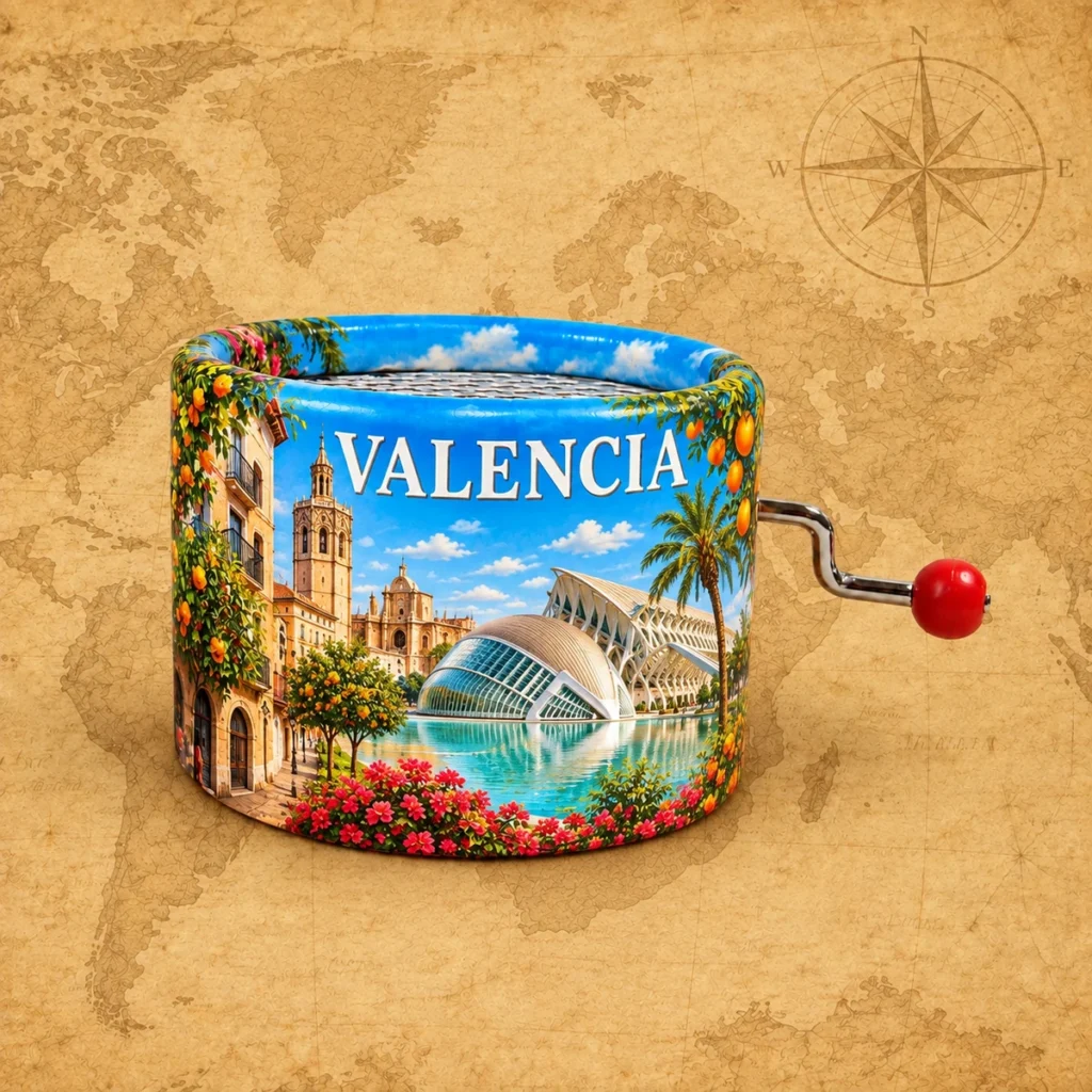 Valencia paper-wrapped music box on an antique world map