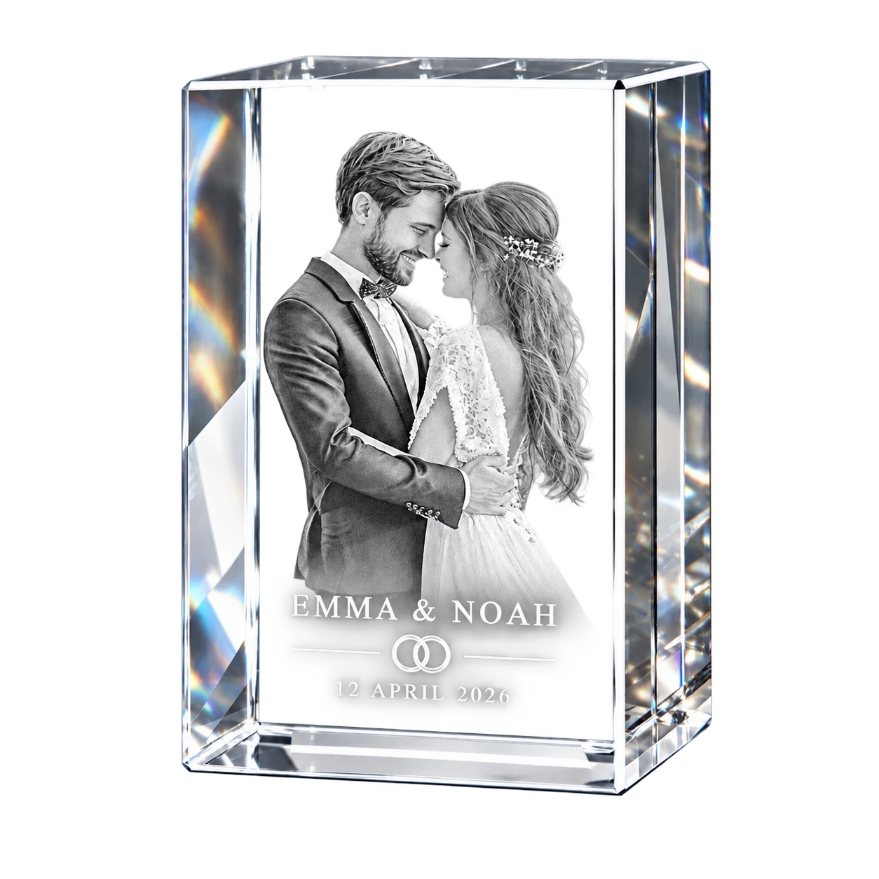 K9 crystal wedding photo for Emma and Noah dated 12 April 2026