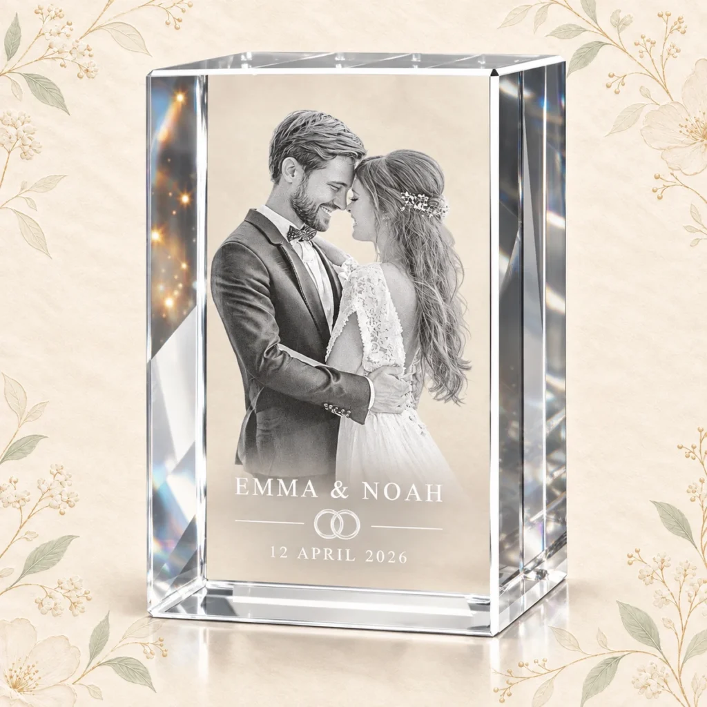 K9 crystal wedding photo for Emma and Noah dated 12 April 2026