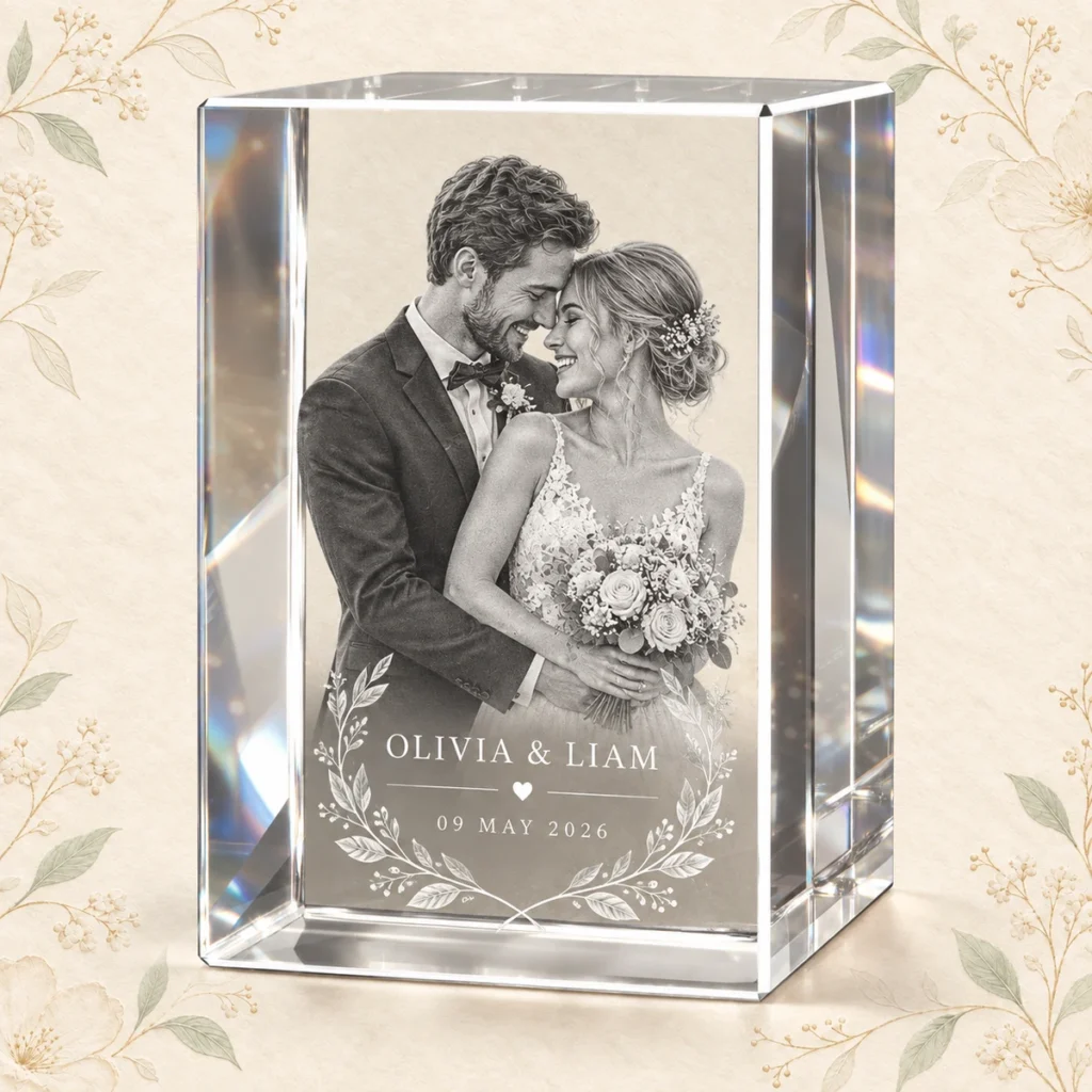 K9 crystal wedding photo for Olivia and Liam dated 9 May 2026