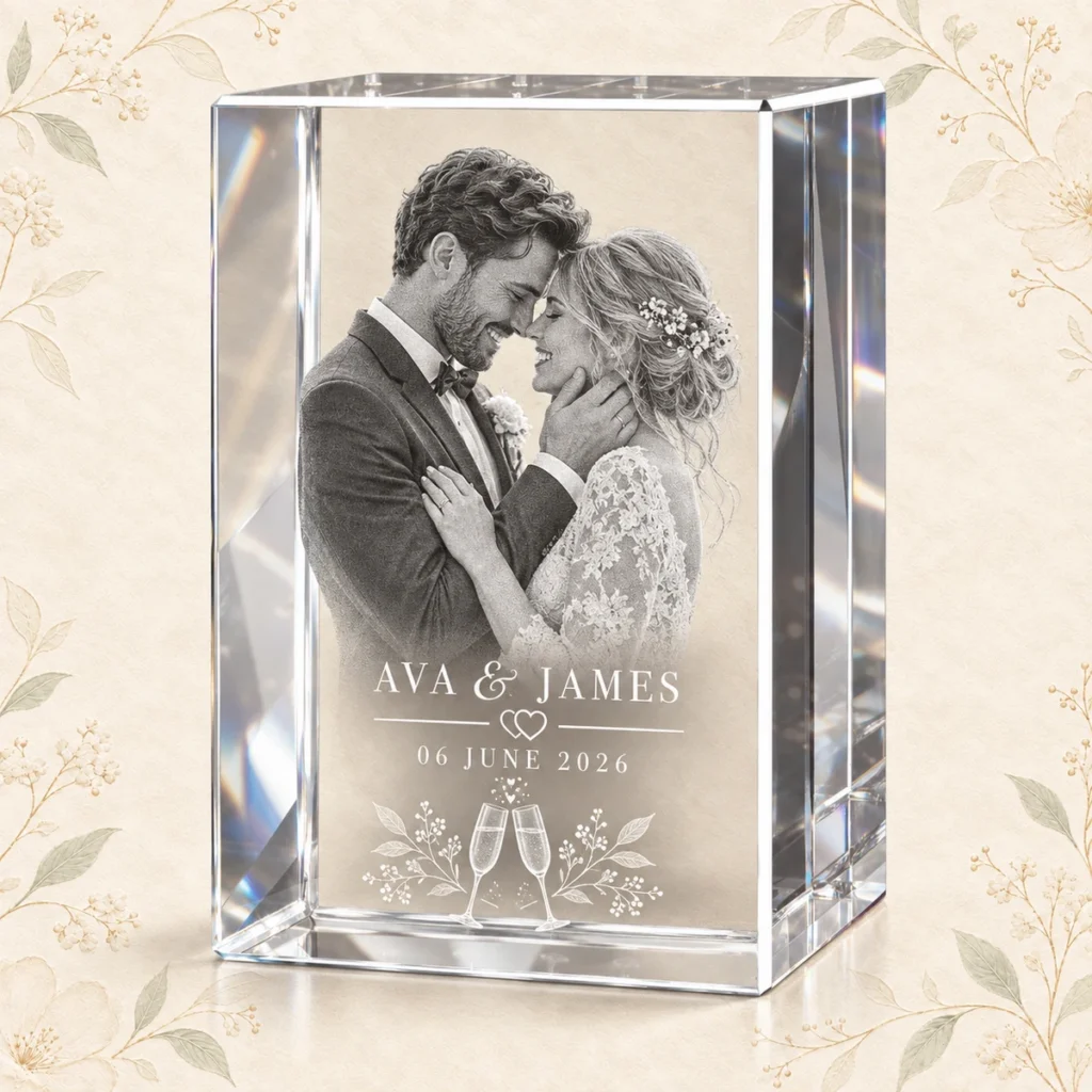 K9 crystal wedding photo for Ava and James dated 6 June 2026