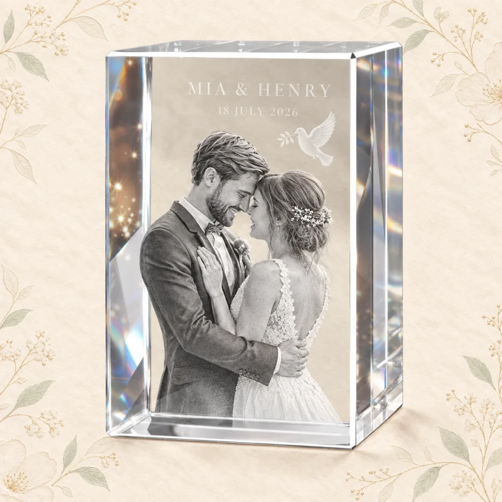 K9 crystal wedding photo for Mia and Henry dated 18 July 2026
