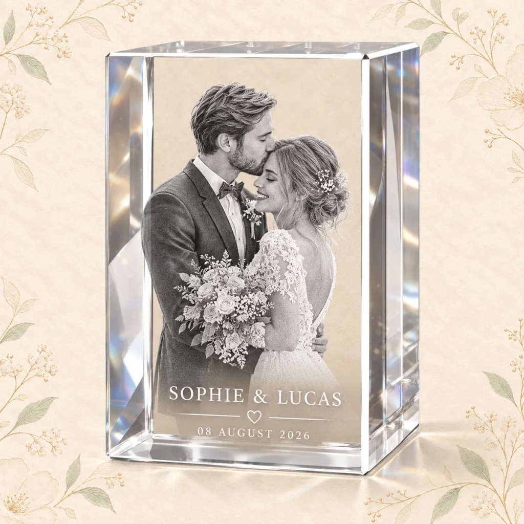 K9 crystal wedding photo for Sophie and Lucas dated 8 August 2026